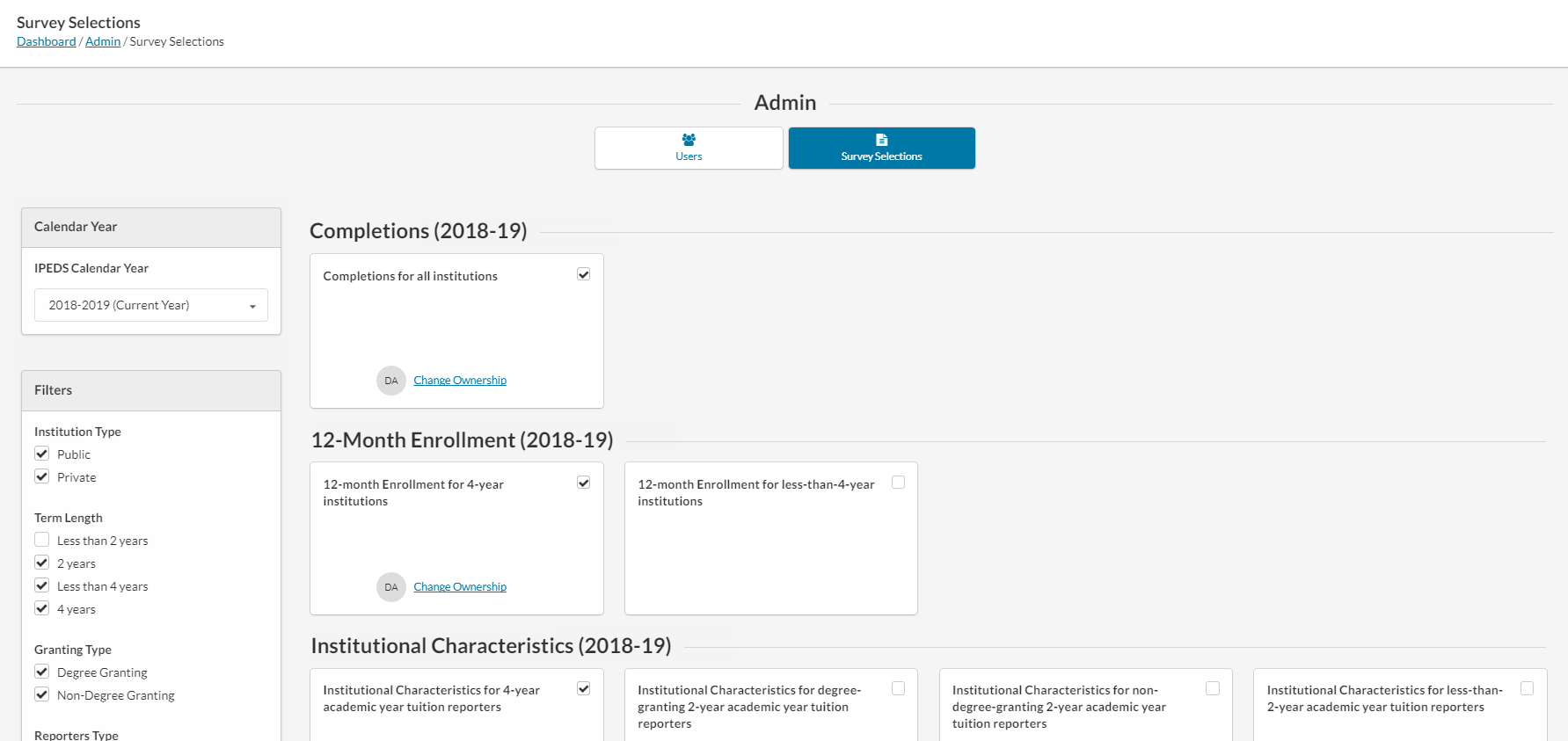 Survey Selections screen showing the "Completions for all institutions" survey checked as enabled for the Completions survey component, and "12-month Enrollment for 4-year institutions" survey checked as enabled for the 12-Month Enrollment survey component.